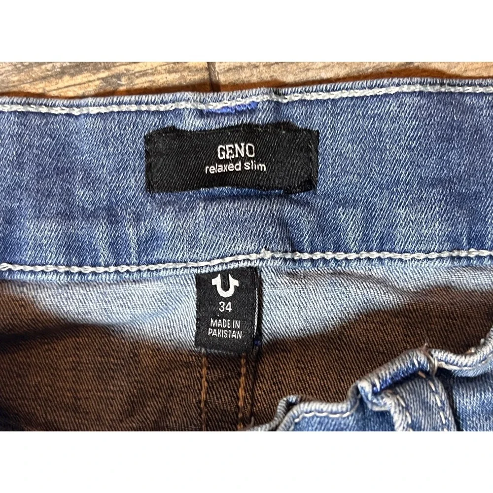 True Religion Geno Relaxed Slim Jeans Mens 34x33 Denim Pants Whiskered Horseshoe